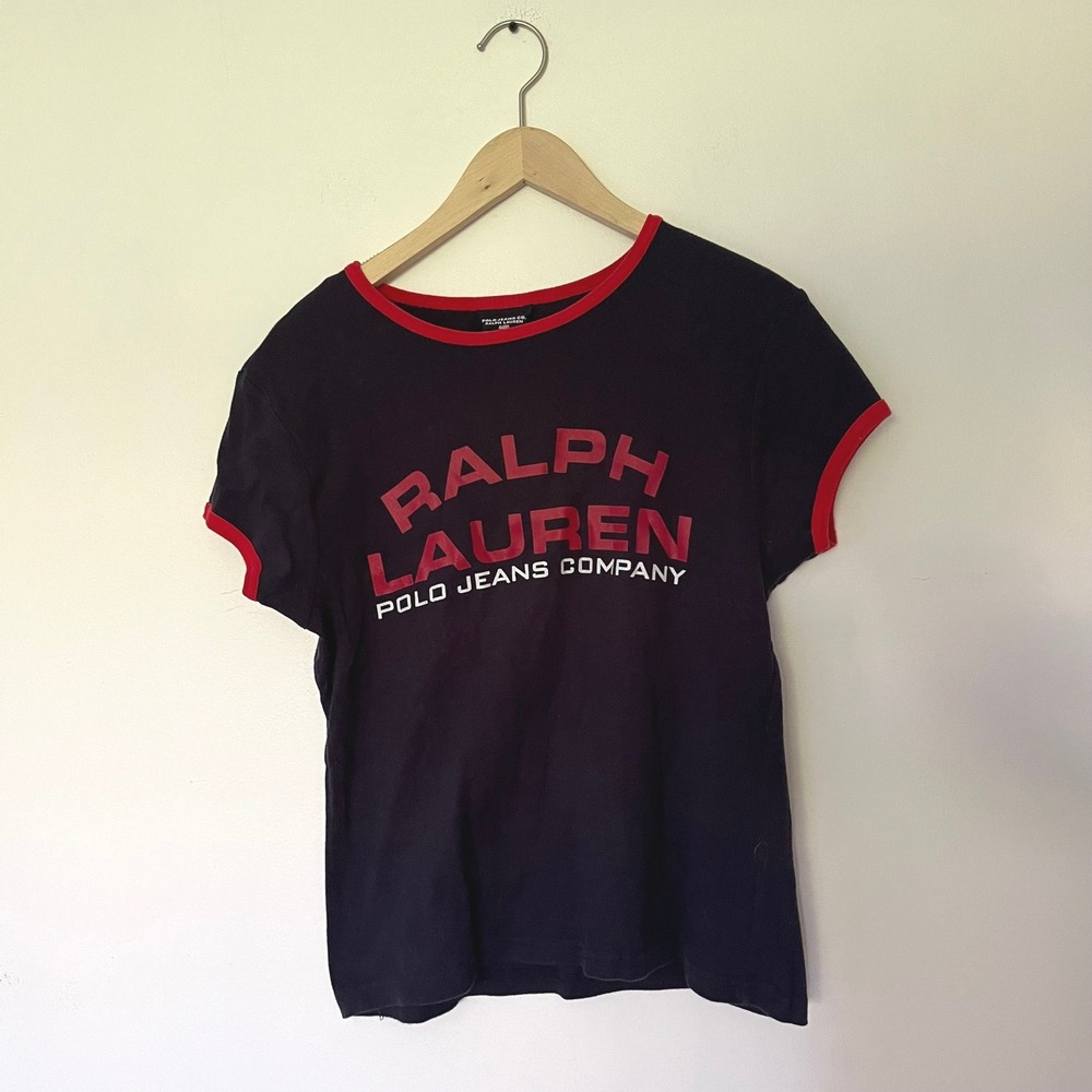 Ralph Lauren Polo Jeans Co Womens Navy Red Ringer Graphic T-Shirt XL Canada Made